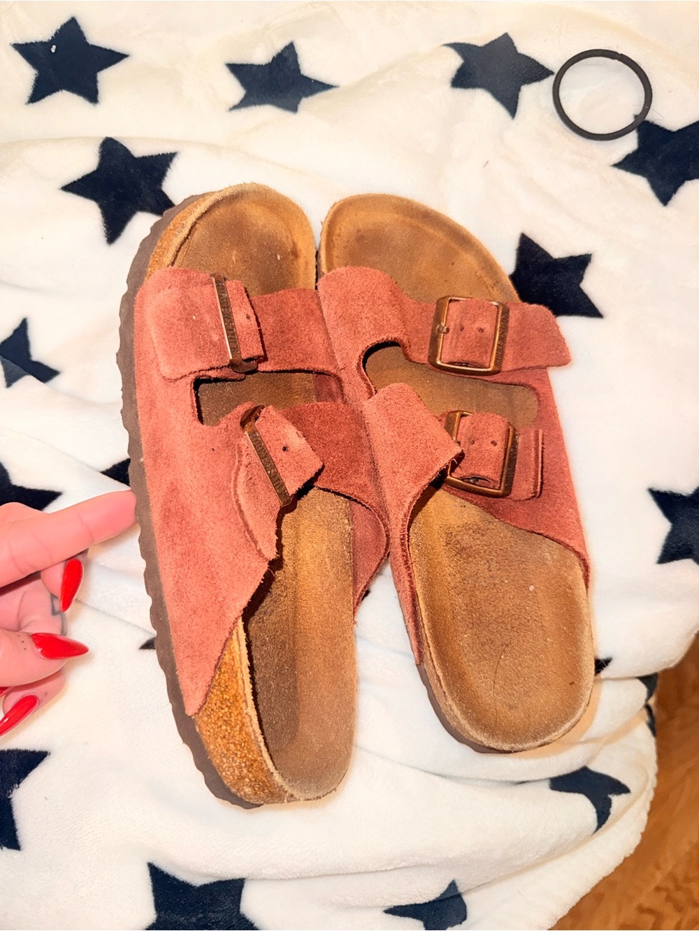 Double Strap Suede Slide Sandals in Rust